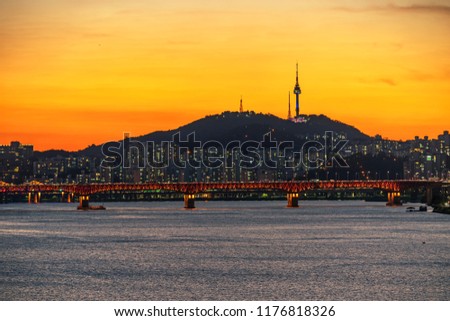 Twilight sunset of seoul city at han river in south korea.