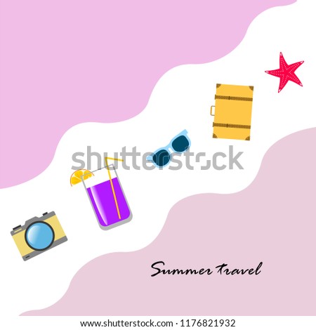 summer travel suitcase cocktail photo camera sunglasses starfish vector background