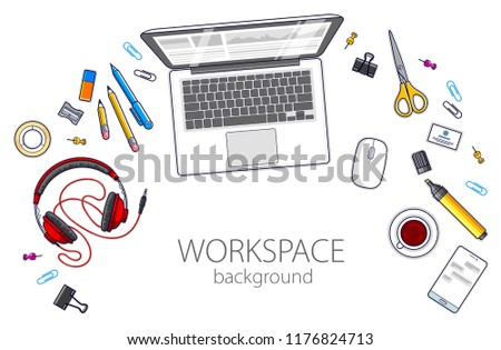 Office desk workspace top view with laptop computer and diverse stationery objects for work isolated, overhead look. All elements are easy to use separately or recompose the illustration. Vector.