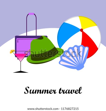 summer travel suitcase cocktail ball hat shell vector background