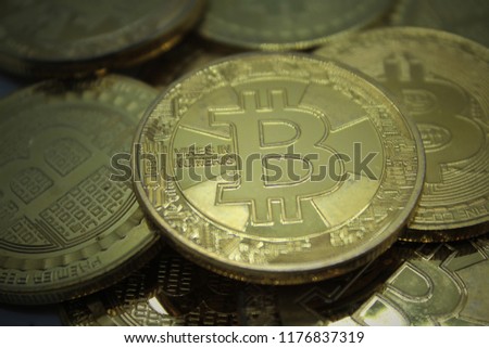 Golden bitcoins. Bitcoin crypto currency.Virtual money.Macro View.