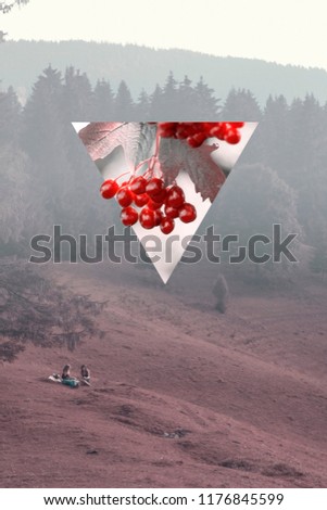 Creative collage. Relax and relax in the forest. Two friends drink and eat in a clearing in the autumn forest. Idea for poster, menu, fashion poster. Copy space