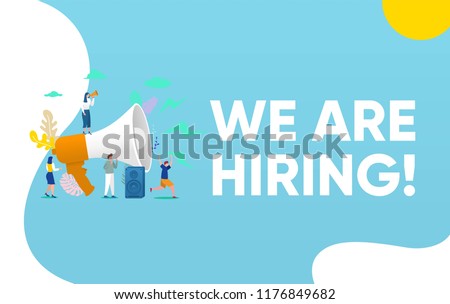 Group of people shouting on megaphone 
 with we are hiring word vector illustration concept, can use for, landing page, template, ui, web, mobile app, poster, banner, flyer, background Royalty-Free Stock Photo #1176849682