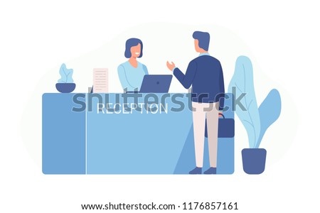 Male customer standing at reception desk and talking to female receptionist. Scene of visit to service center isolated on white background. Colorful vector illustration in flat cartoon style. Royalty-Free Stock Photo #1176857161