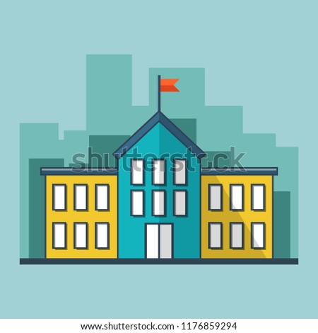 Building high school of the American or European . A city landscape . In flat cartoon style a vector. Education of children.