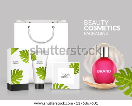 Tropical cosmetic package design natural summer beauty advertising template. Cosmetic packaging products promotion container and tube.