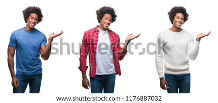 Collage of african american young handsome man over isolated background smiling cheerful presenting and pointing with palm of hand looking at the camera.