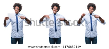 Collage of african american young business man holding blank paper card over isolated background very happy pointing with hand and finger