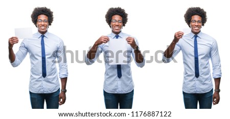 Collage of african american young business man holding blank paper card over isolated background with a happy face standing and smiling with a confident smile showing teeth
