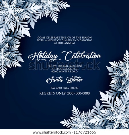 Blue Merry Christmas Greetings card. White Origami Paper cut snow flake. Happy New Year Decoration. Winter snowflakes background. Seasonal holidays. Snowfall. Origami. Blue background. Vector