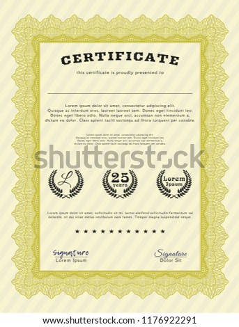 Yellow Diploma template or certificate template. Vector illustration. With background. Modern design. 
