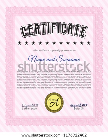 Pink Sample Certificate. Sophisticated design. With complex linear background. Vector illustration. 
