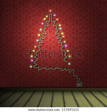 Interior of vintage room with Christmas tree formed garland lights. Vector eps10