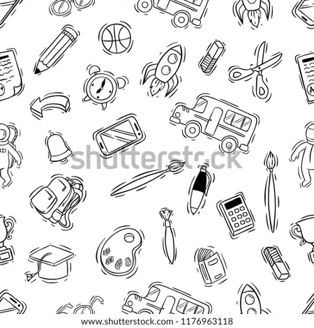 black and white school supplies icons in seamless pattern with doodle style