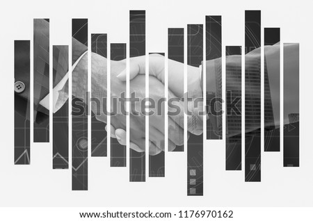 Handshake of business man,teamwork, achieve, concept. Double exposure confirmation of business alliance partners , commitment  in business,partnership deal,black & white tone.