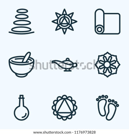 Spiritual icons line style set with spa stones, ornament, oil bottle and other ornament elements. Isolated vector illustration spiritual icons.