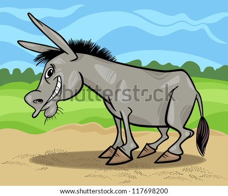 Cartoon Illustration of Funny Donkey Farm Animal against Blue Sky and Field