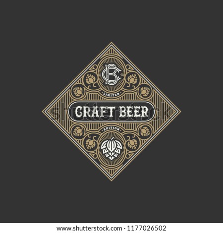 Flourishes beer label design template with hops. Vector illustration.