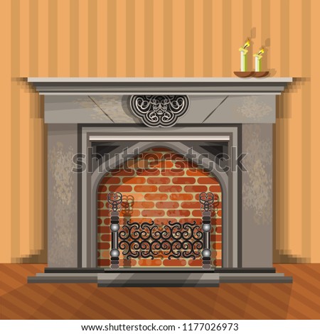 A large fireplace with a fireplace grate and burning candles. Vector illustration