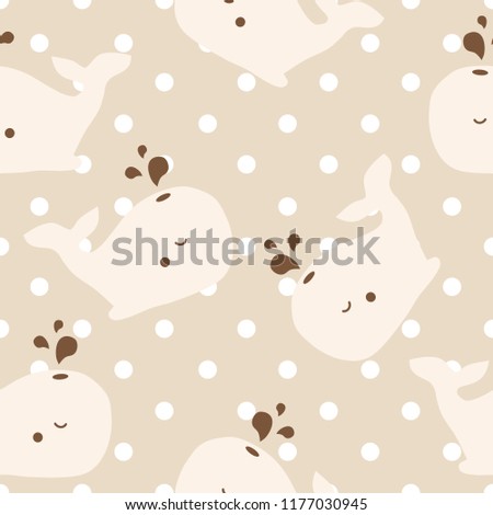 Cute seamless vector pattern with whales on a polka dot. Simple graphic forms. Minimalism style.