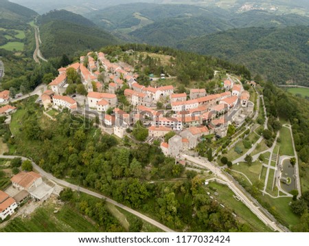 Štanjel (Stanjel; San Daniele del Carso) is a village on the Karst Plateau, Slovenia.  It dates back to prehistoric period; in the 17th century it was fortified to defend it against Ottoman raids.  Royalty-Free Stock Photo #1177032424