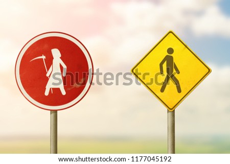 Grim Reaper and man going in different directions. Road sign