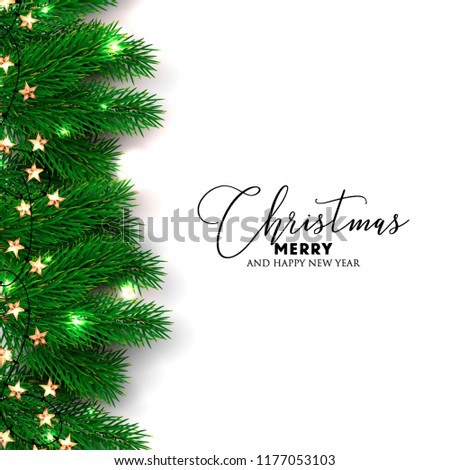 Fir Pine tree branch light garland Merry Christmas Greeting card Party Invitation  Winter holiday background