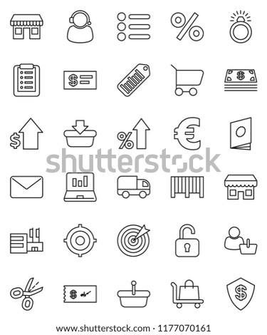 thin line vector icon set - laptop graph vector, percent growth, dollar, target, euro sign, office, barcode, cash, store, mall, customer, support, basket, cart, shopping list, trolley, delivery
