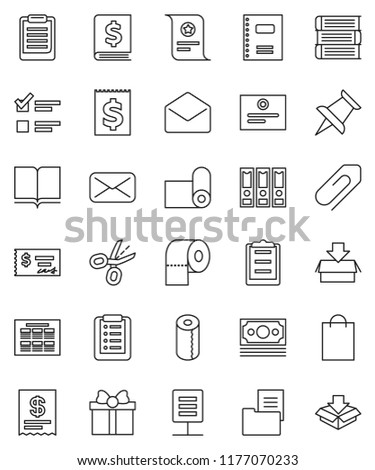 thin line vector icon set - toilet paper vector, book, copybook, schedule, clipboard, certificate, exam, check, annual report, binder, fitness mat, money, receipt, thumbtack, mail, network document