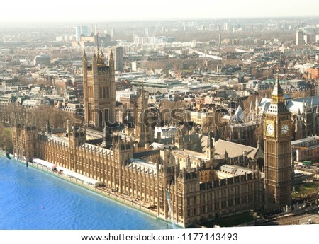 Aerial view of Houses of Parliament in Westminster, London, England.