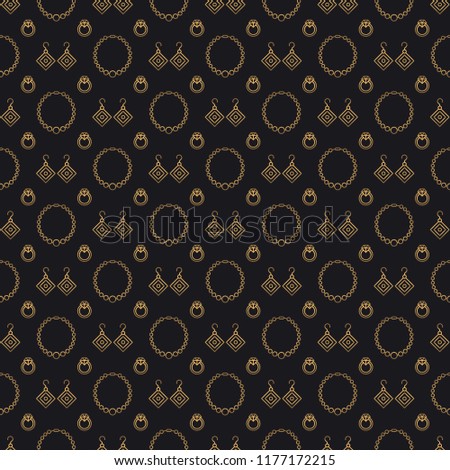Fashion jewelry vector seamless pattern. Golden women's accessories luxury background. Beautiful texture with earrings, bracelets, necklaces, pendants, rings with beads and diamonds