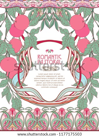 Poster, background with space for text and decorative flowers in art nouveau style, vintage, old, retro style. Stock vector illustration.