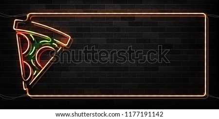 Vector realistic isolated neon sign of pizza frame logo for decoration and covering on the wall background. Concept of restaurant sign. Banner for cafe menu for advertising and promotion.