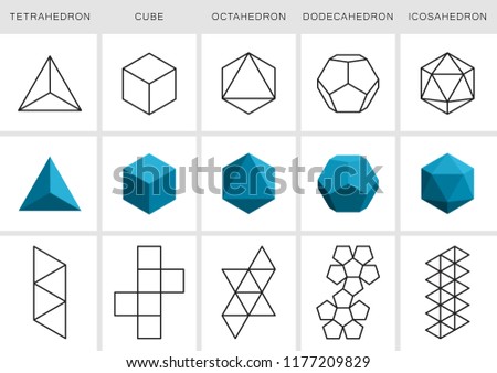 Vector editable stroke platonic solids and their spreads Royalty-Free Stock Photo #1177209829