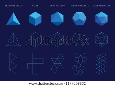 Vector editable stroke platonic solids on blue background Royalty-Free Stock Photo #1177209832