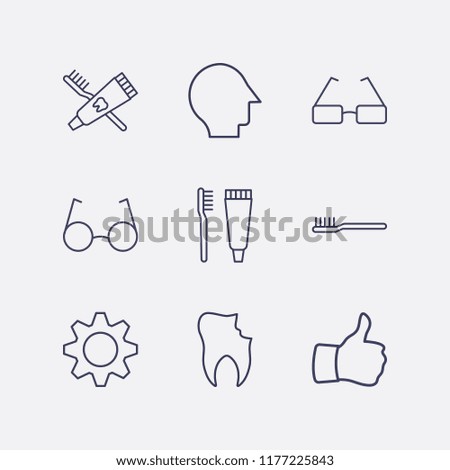 Outline 9 teeth icon set. toothbrush, broken tooth, gear, head, thumb up, toothbrush and toothpaste and glasses vector illustration