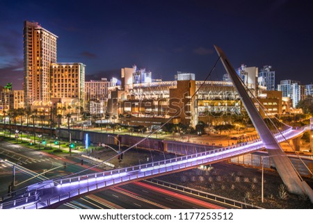 San Diego and the downtown Gaslamp Quarter skyline view at night in California USA