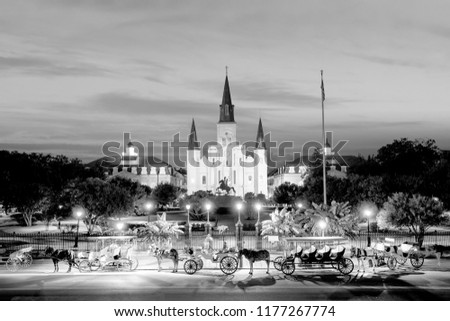 Saint Louis Cathedral and Jackson Square in New Orleans, Louisiana, United States at sunset