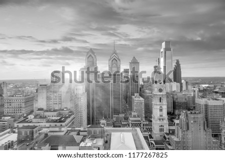 Top view of downtown skyline Philadelphia USA at sunset