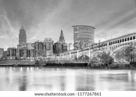View of downtown Cleveland skyline in Ohio USA at sunset
