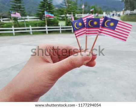 Hand holding cute small Malaysia flag with blur view background.