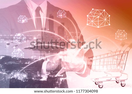 Business people calculating budget before signing real estate project contract .double exposure style house polygon line.shopping online marketing idea.