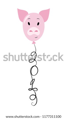 Funny pig balloon character with 2019 lettering. Merry Christmas concept. One line drawing.