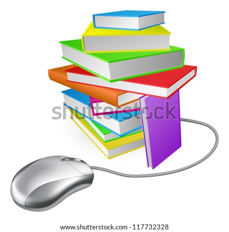 Book stack computer mouse concept. Could be for online library, ebooks, or internet e learning or distance learning