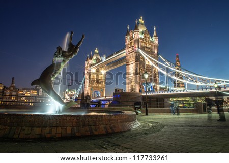 Lights and Colors of Tower Bridge from St Katharine Docks at Night - London - UK