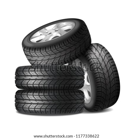 Complete set of car wheels with alloy rims and new tires realistic composition vector illustration Royalty-Free Stock Photo #1177338622