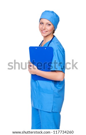 young nurse holding clip board and smiling against white background