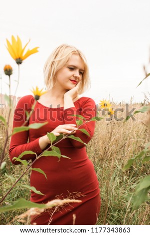 Picture of gorgeous young woman standing in the field. Romantic blonde woman walking in amazing field. Red dress. 
