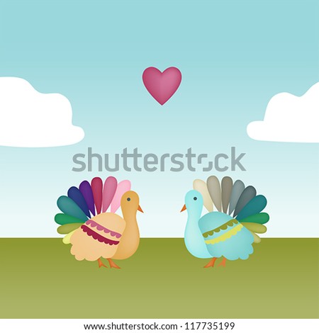Two colorful turkeys face each other in a field with a heart floating over their heads.