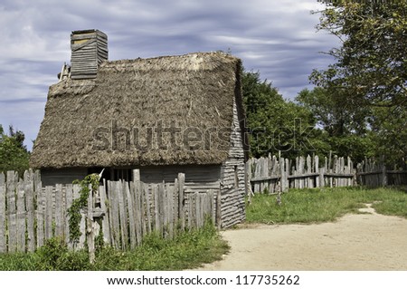 Old hut used by the first immigrants coming with the Mayflower in 17th century Royalty-Free Stock Photo #117735262